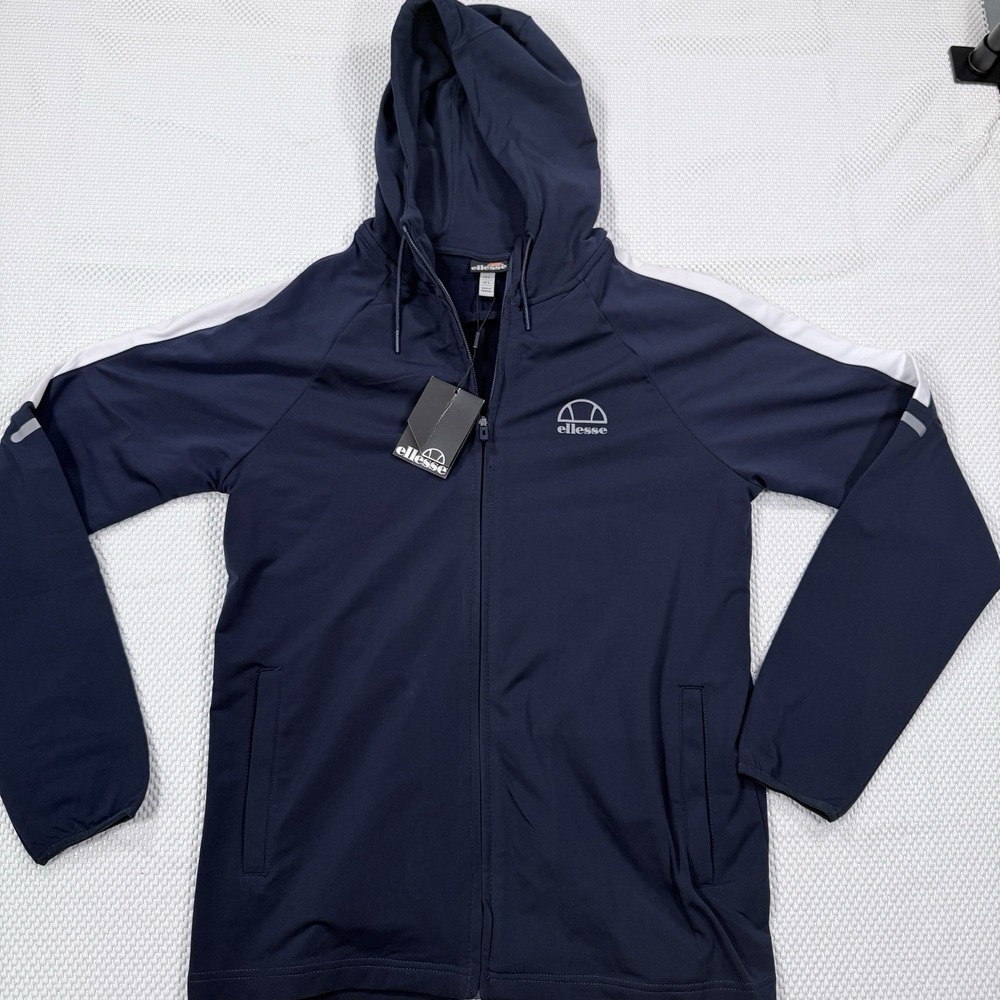Ellesse Men's Large Navy Blue Full Zip Hooded Track Jacket White Stripe NWT